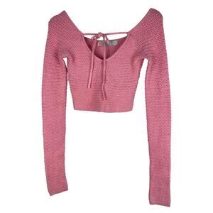 FP Beach Free People Women's XS Pink Tie Neck Long Sleeve Knit Crop Sweater *
